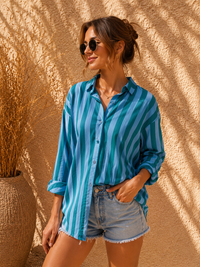 Turquoise & Cerulean Candy Stripe Casual Cotton Shirt