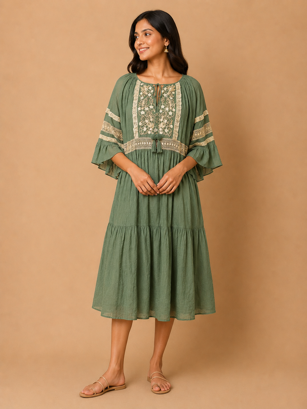 Emerald Oasis Paisley Pleated Midi Dress