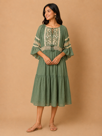 Emerald Oasis Paisley Pleated Midi Dress