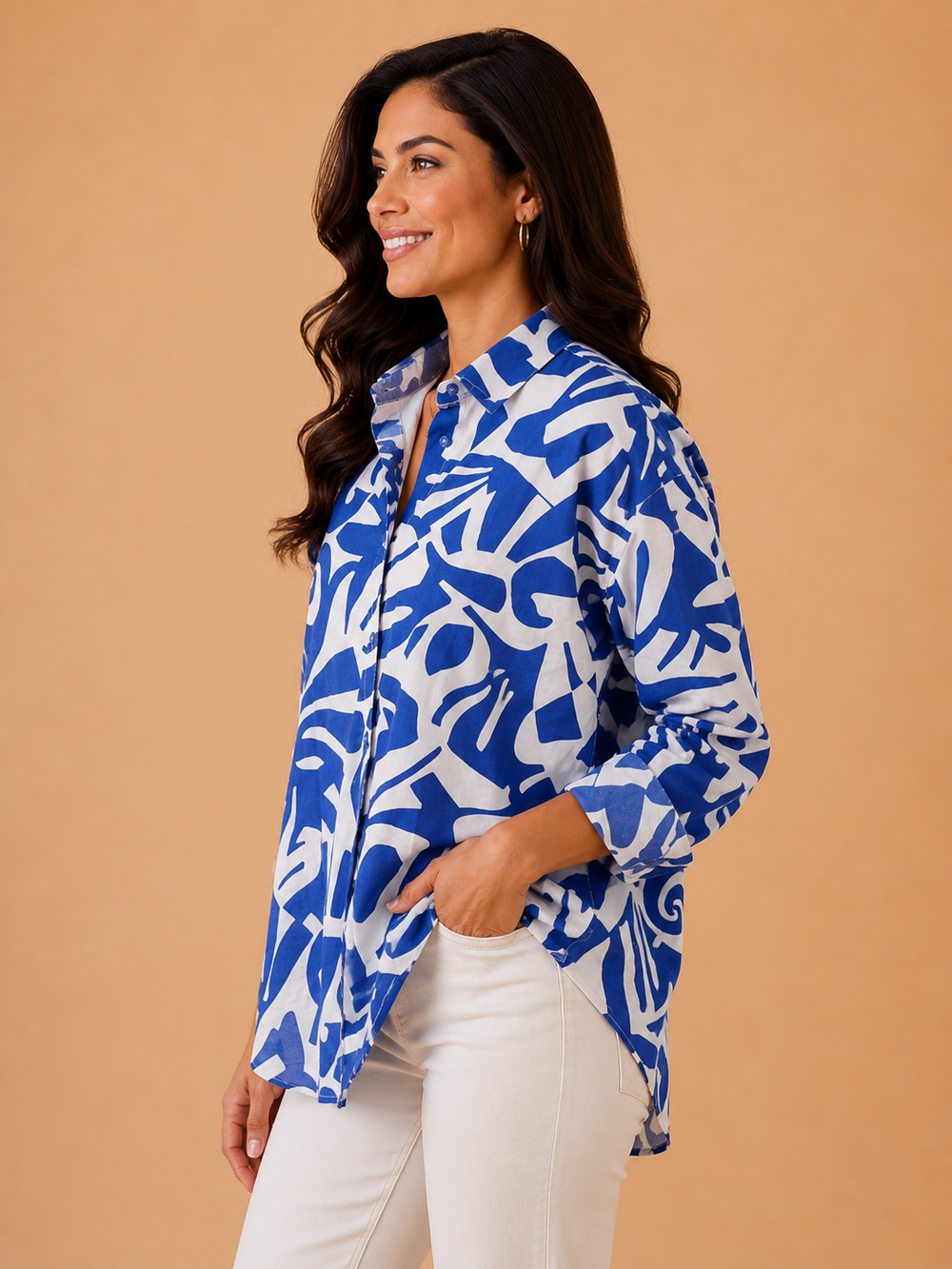 Azure Abstract Matisse-Inspired Cotton Button-Down Shirt
