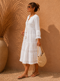 Ivory Cotton Embroidery Boho Midi Dress