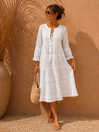 Ivory Cotton Embroidery Boho Midi Dress