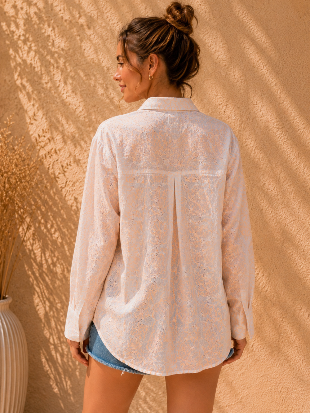 Ivory & Peach Floral Chikankari Casual Cotton Shirt