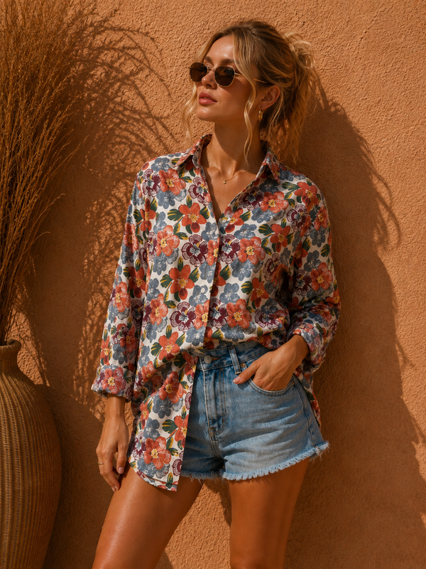 Vintage Floral Printed Cotton Resort Shirt