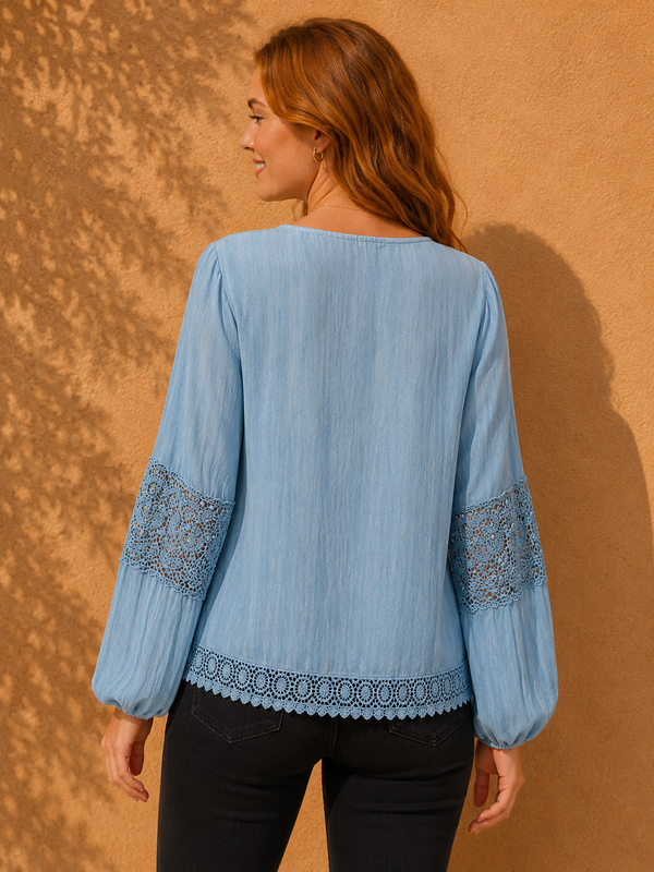 Denim Wash Loose-Fit Lace Top