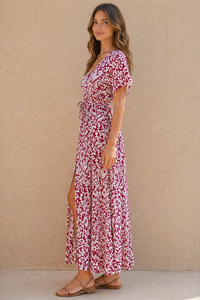 Ruby Petal Front-Slit Maxi Dress