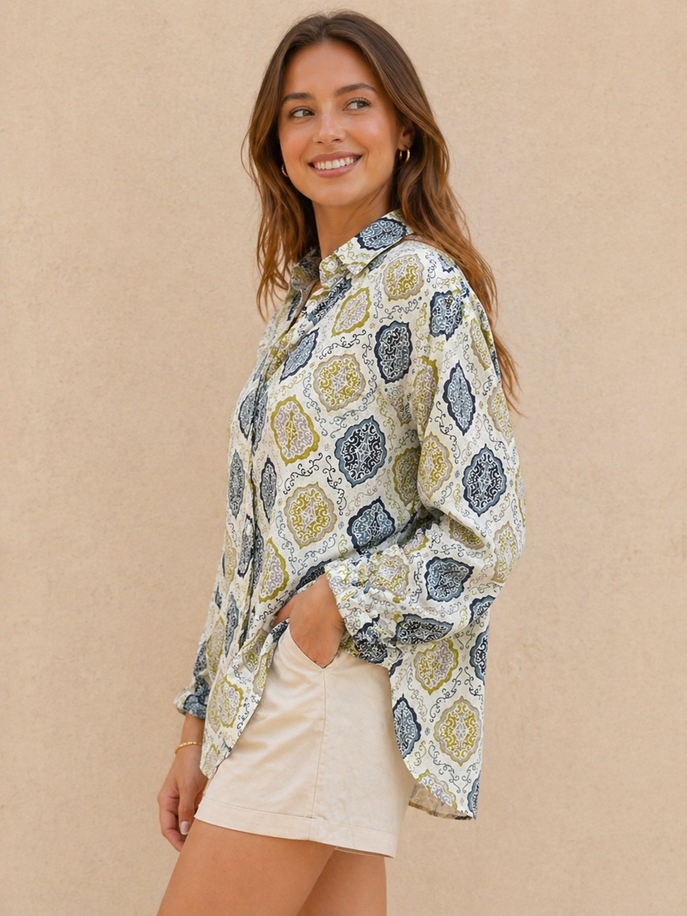 Teal & Olive Damask Medallion Printed Cotton Shirt