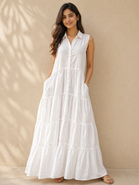 Cloud-White Tiered Shirt Maxi Dress