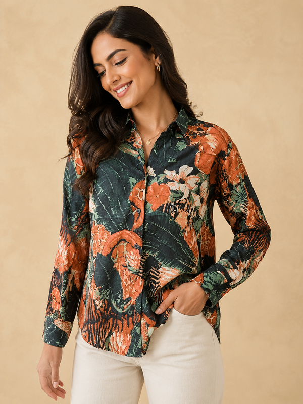 Tropicana Jungle Print Cotton Button-Down Shirt