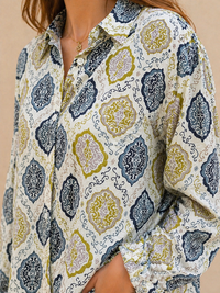 Teal & Olive Damask Medallion Printed Cotton Shirt