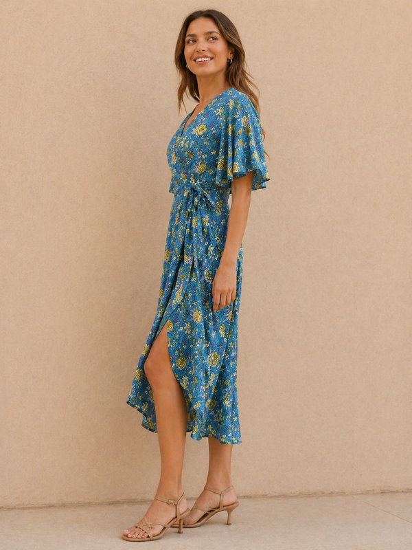 Azure Rose Garden Wrap Maxi Dress