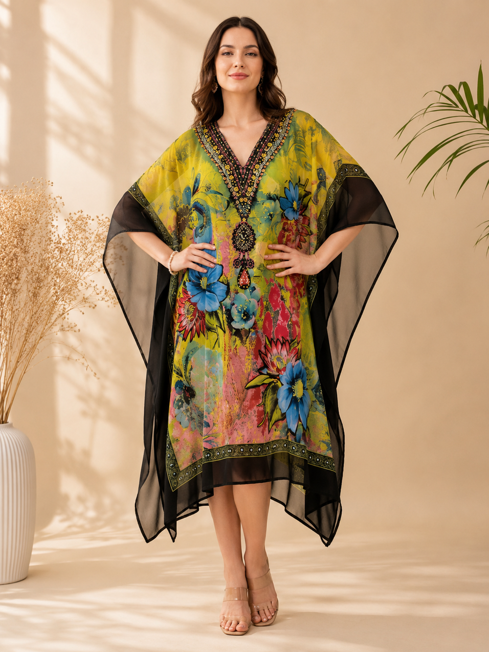 Abstract Botanical Tropical Georgette Embellished Kaftan