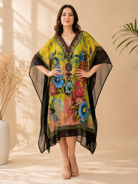 Abstract Botanical Tropical Georgette Embellished Kaftan