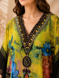 Abstract Botanical Tropical Georgette Embellished Kaftan