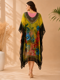 Abstract Botanical Tropical Georgette Embellished Kaftan