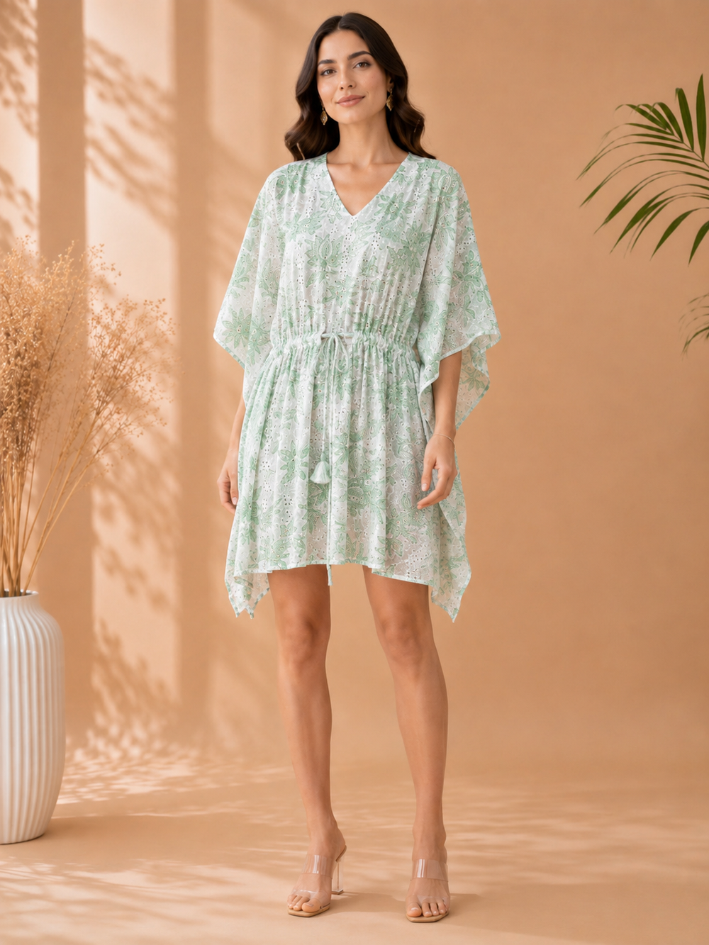 Pastel Sage Floral Chikankari Cotton Kaftan