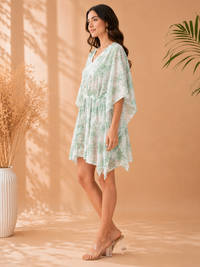 Pastel Sage Floral Chikankari Cotton Kaftan