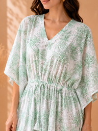 Pastel Sage Floral Chikankari Cotton Kaftan