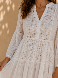 Pristine White Schiffli Embroidered Tiered Mini Dress