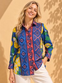 AK Designs Sea Green & Crimson Ikat Block Printed Cotton Shirt