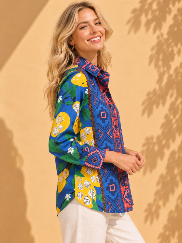 AK Designs Sea Green & Crimson Ikat Block Printed Cotton Shirt