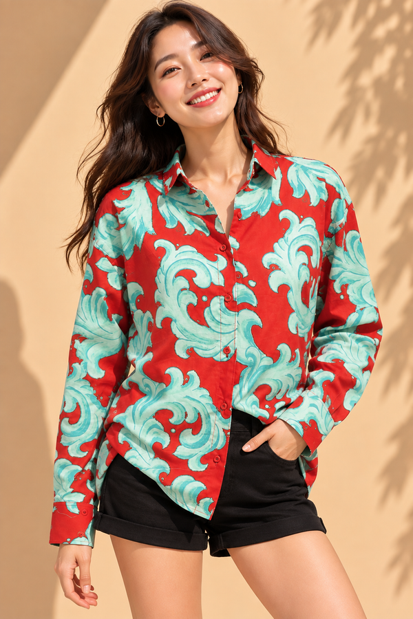 Crimson Red & Mint Green Wave Baroque Printed Casual Cotton Shirt