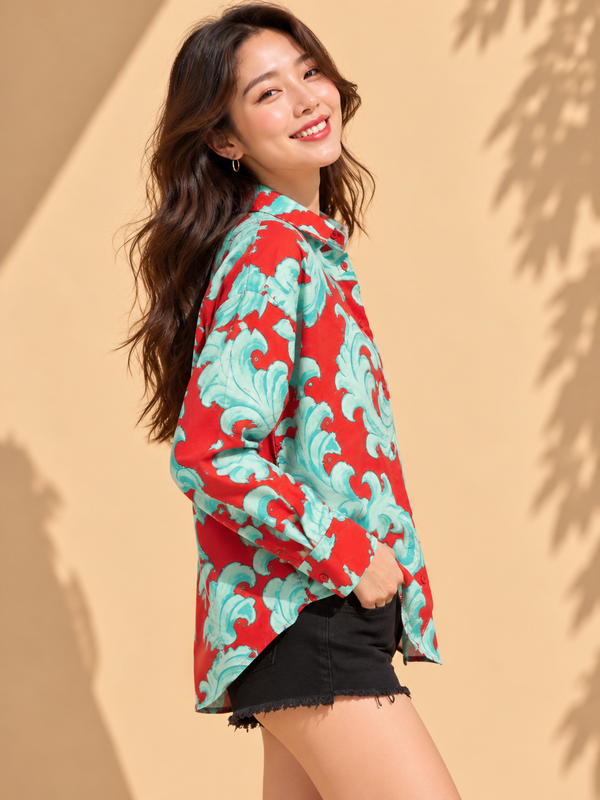 Crimson Red & Mint Green Wave Baroque Printed Casual Cotton Shirt