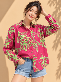 Magenta Pink & Lime Green Tropical Palm Leaf Printed Casual Cotton Shirt