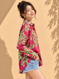 Magenta Pink & Lime Green Tropical Palm Leaf Printed Casual Cotton Shirt