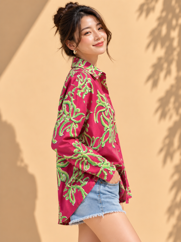 Magenta Pink & Lime Green Tropical Palm Leaf Printed Casual Cotton Shirt