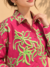 Magenta Pink & Lime Green Tropical Palm Leaf Printed Casual Cotton Shirt