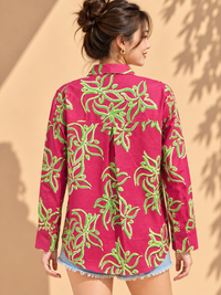 Magenta Pink & Lime Green Tropical Palm Leaf Printed Casual Cotton Shirt