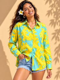 Aqua Turquoise & Sunshine Yellow Wave Baroque Printed Casual Cotton Shirt