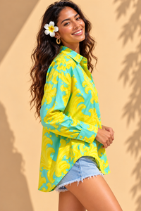 Aqua Turquoise & Sunshine Yellow Wave Baroque Printed Casual Cotton Shirt