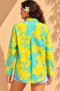 Aqua Turquoise & Sunshine Yellow Wave Baroque Printed Casual Cotton Shirt