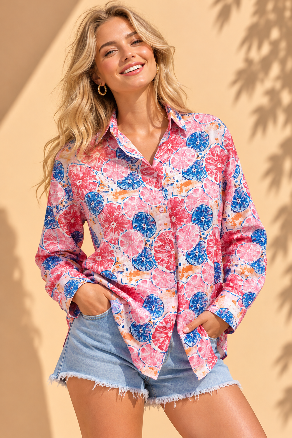 Pink & Cobalt Citrus Slice Printed Casual Cotton Shirt