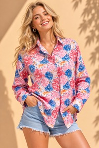Pink & Cobalt Citrus Slice Printed Casual Cotton Shirt