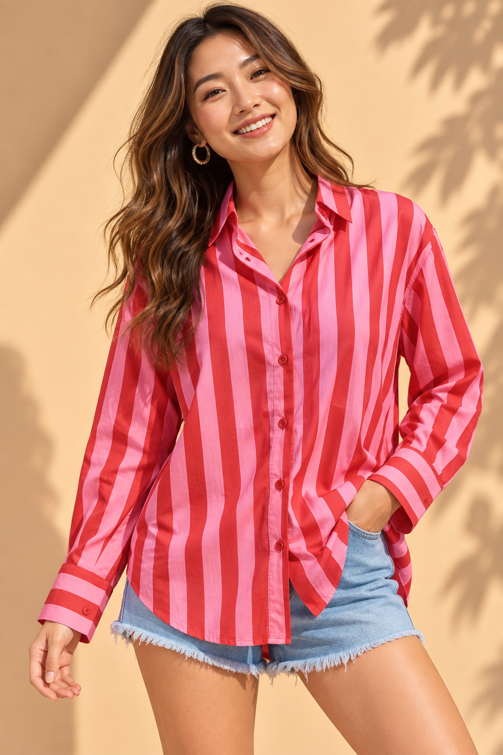 Cherry Red & Bubblegum Pink Cabana Stripe Casual Cotton Shirt