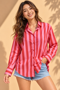 Cherry Red & Bubblegum Pink Cabana Stripe Casual Cotton Shirt