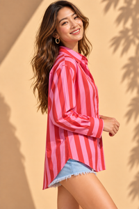 Cherry Red & Bubblegum Pink Cabana Stripe Casual Cotton Shirt