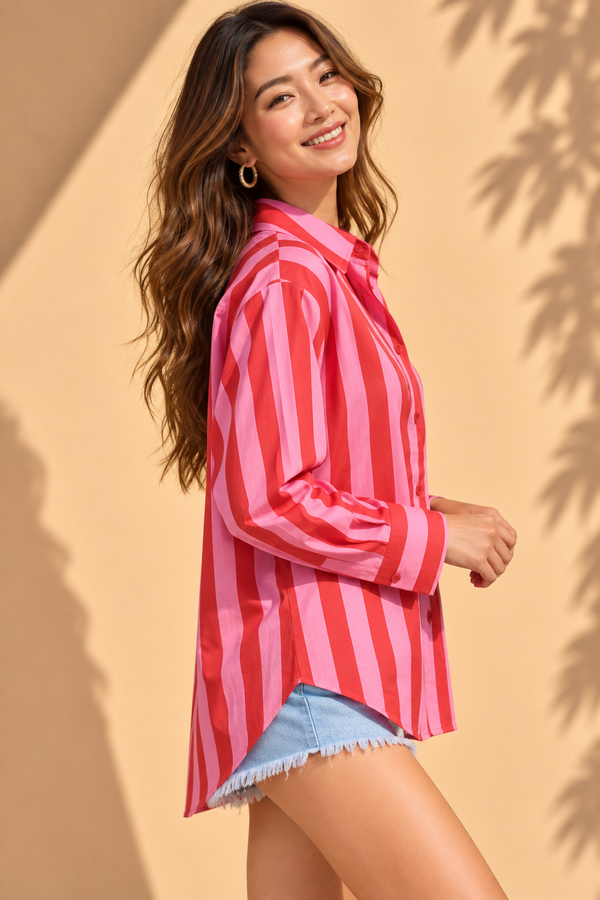 Cherry Red & Bubblegum Pink Cabana Stripe Casual Cotton Shirt