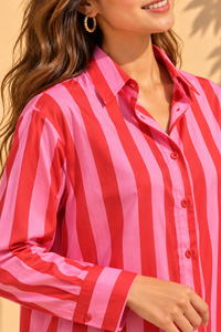 Cherry Red & Bubblegum Pink Cabana Stripe Casual Cotton Shirt