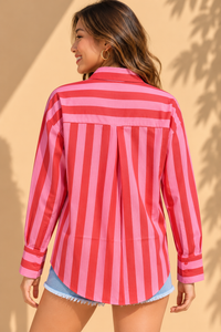 Cherry Red & Bubblegum Pink Cabana Stripe Casual Cotton Shirt