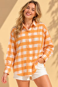Tangerine Orange Gingham Buffalo Check Casual Cotton Shirt