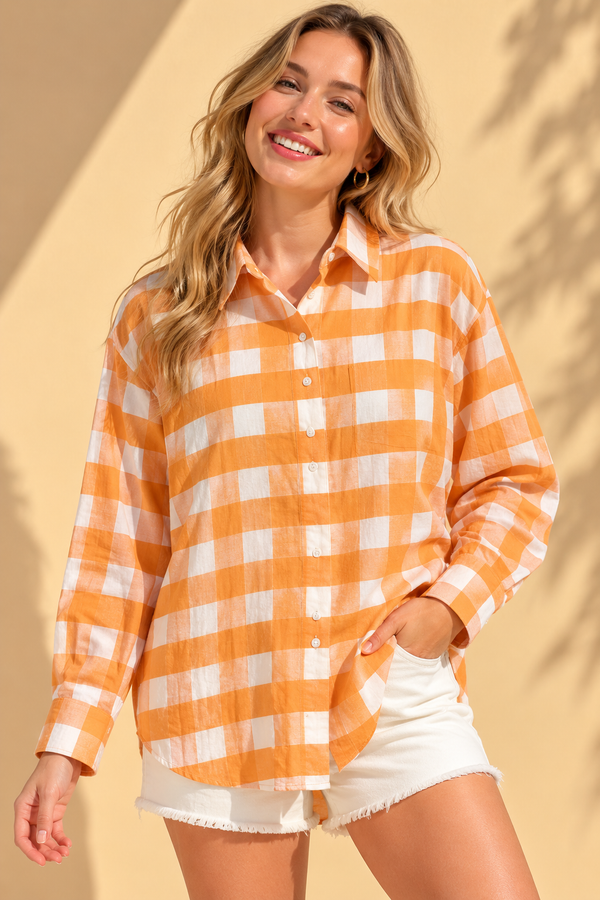 Tangerine Orange Gingham Buffalo Check Casual Cotton Shirt