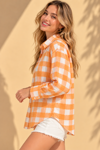 Tangerine Orange Gingham Buffalo Check Casual Cotton Shirt