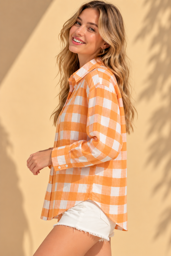 Tangerine Orange Gingham Buffalo Check Casual Cotton Shirt