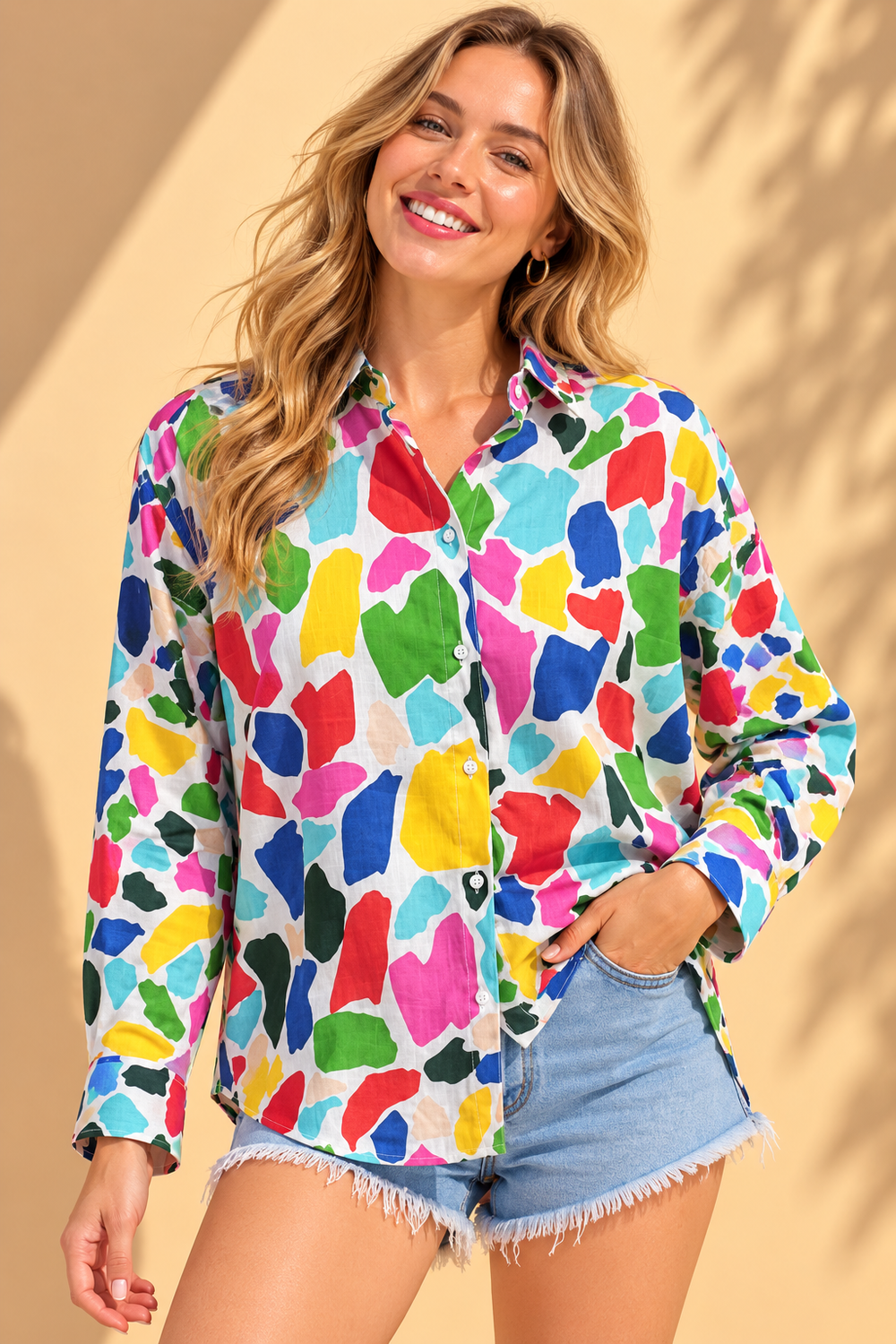 Multicolor Abstract Terrazzo Brushstroke Printed Cotton Shirt