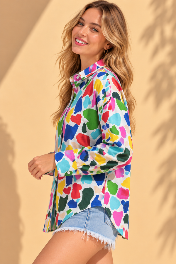 Multicolor Abstract Terrazzo Brushstroke Printed Cotton Shirt