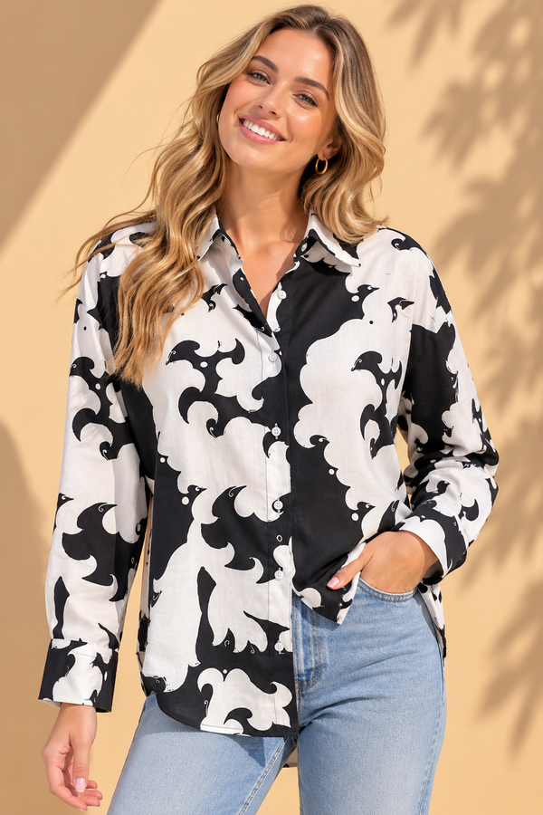 Black & White Abstract Silhouette Graphic Casual Cotton Shirt